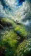 Placeholder: narrow stone path above the ground gradually getting higher into the clouds no railings, dangerous drop people in black leathers medievil period weather is wet spiraling into the clouds fantasy, a pretty girl walking on t