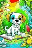 Placeholder: kids illustration, cute smiling puppy is filing colors on drawing books with color brushes and pencils in a jungle,cartoon style,thick lines,low detail, background bigger than puppy,vivid color --ar 9:11