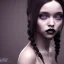 Placeholder: Female Jenna ortega black dress,soft goth libstick, wednesday addams family make up, brad double wig, dramatic lighting, highly detailed, volumetric lighting, unreal engine, 8k