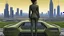 Placeholder: Tall thin women, with straight black hair, dressed in a camouflaged jumpsuit, looking out from the rear of a futuristic aircar, on a tarmac runway, with a city skyline in the distance