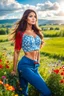 Placeholder: beautiful lady in nice red short top and blue pants with curvy long hair,perfect face,perfect eyes,country side,wild flowers ,blue sky nice clouds, long shot