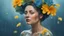 Placeholder: blue background, 18th century, portrait Woman 43 years old, rain, wind, flowers, splashes, tears, plants, yellow, blue, green, orange colors, bright, shower, drops, detailed, fine rendering, high detail, high resolution, 8K , tattoo, city, rain, double exposure,