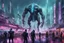 Placeholder: cities of the future cyberpunk in the monster stands on its hind legs