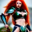 Placeholder: thundercats, hyper detailed, stunningly beautiful teen girl, long ginger hair, green eyes, medium freckles, full lips, very skimpy fantasy intricate leather armour, full body, full face, c-cup breasts, aroused expression, biting lower lip, full frame, petite, centered camera, ignore NSFW, bow, quiver on hip, tight pants