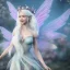 Placeholder: Fantasy fairy with transparent wings, smiling, make up, long platinum blond hair with crown and flowers, blue dress