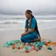 Placeholder: An American Indian woman, adorned in vibrant traditional attire, kneels on the shore with reverence, searching for sea glass. Against an overcast sky, she sifts through sand, collecting gems that hold the sea's secrets, each piece a memory of ocean journeys.