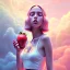 Placeholder: tropic landscape, white background, aerographic style,realistic painting of a beautiful girl and a big jar of marmelade,volumetric blue clouds,pink sky environment and flying strawberries in background, volumetric lighting,dramatic lighting, detailed digital painting, extreme dense and fine fur, anime, ornate, colour-washed colors, elegant, small minutiae, tiny features, particulars, centered, smooth, sharp focus, renderman gofur render, 8k, uhd, detailed eyes, real