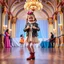 Placeholder: a 2 years old girl in modern clothing and makeup dancing with cute and joy with pertty boots in a modern royal hall