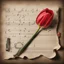 Placeholder: Hyper realistic red tulip on the side of a vintage paper with harmonica instrument & small musical notes