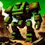 Placeholder: 90's fantasy tcg art of a giant junk mech made of multiple parts in the ruins of a post apocalyptic green sludge junkyard