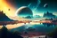 Placeholder: Alien landscape with exoplanet in the sky, over the valley. Pond, cinematic, movie poster