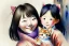 Placeholder: A cute smiling Korean girl is holding a kitten. Watercolour