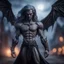 Placeholder: vampire dark elf grey angel nephilim vampire with muscles and big wig, Guiding souls through twilight, where the shadows flee In this realm of aftermath, phantoms softly tread Following the will-o-wisp, where the lost are led ,bokeh like f/0.8, tilt-shift lens 8k, high detail, smooth render, down-light, unreal engine