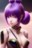 Placeholder: Detailed cute anime Kunoichi girl, purple hair buns, purple bangs, black latex bodysuit, intricate details, full body portrait, keep head in frame, slight smile, black Japanese motif, concept art, highly detailed, digital painting, concept art, sharp focus, illustration, art by Yoji Shinkawa, WLOP and greg rutkowski and alphonse mucha and artgerm and yanjun Chen and Junji ito and Makoto Shinkai, HDR, octane render