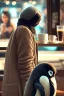 Placeholder: young woman talk to a penguin in coffee-shop