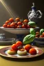 Placeholder: Italian Renaissance style still life consisting of a plate of Italian ravioli with natural cherry tomato and basil accompanied by olives, moisture ambient, natural ornaments, ceramic, marble, high kitchen, smooth, god rays, unreal engine 5, ray tracing, RTX, lumen lighting, ultra detail, volumetric lighting, 3d.