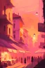 Placeholder: sunset, light pink, light orange, light yellow, light violet, buildings, city, people, market, houses, streets, lamps