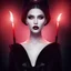 Placeholder: model shoot style, digital art portrait of an (evil priestess vampire) ((dressed in black and red gown)), in a dark cave, surrounded by black candles, ultra-detailed, ultra quality, ((official character art)), (dark fantasy), illustration, eerie atmosphere, 8k, cinematic lighting, bokeh