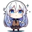 Placeholder: Clear focus, High resolution, long white hair, hair between eyes, straight long locks, sparkling blue eyes, wearing a sailor uniform, wearing a sailor skirt, wearing a brown vest, cute, 1girl, fluffy hair, cute, chibi, cartoon, rough line art, white background