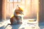 Placeholder: cute chibi thankful cat praying in an icy room in sunshine