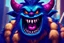 Placeholder: closeup of a maniacal grinning monster's face, big teeth, fur, bumps and horns, my pet monster inspiration, urban character design