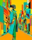Placeholder: arafed avant-garde fashion, crazy distorted shapes, vague outlines, elongated woman walking through a color-blocked abstract city in oversized patchwork jacket and blue trousers, vague bold geometric planes and overlapping color blocks, vibrant high-saturation palette of warm yellow orange sky blue turquoise and olive green, overheat vibe, heatwave vibe, excellent parallels, amazing verticals, amazing transparency