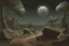 Placeholder: cloudy Night, mistery and enigmatic influence, sci-fi, concept art, rocks, vegetations, rocky arid land, people, 80's space science fiction movies influence, jenny montigny, rodolphe wytsman, and pieter franciscus dierckx impressionism paintings