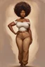 Placeholder: create a expressive oil painting image of a cartoon curvy black female wearing beige linen pants and a brown off the shoulder. Prominent make up with hazel eyes. Highly detailed long thick curly afro.