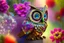 Placeholder: Owl made of gemstones and jewels in a flowergarden in sunshine