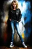 Placeholder: Full body Portrait - digital photograph, chiaroscuro, extremely colorful, vibrant, lifelike, 20th century masterpiece, rich deep colors, highly detailed portrait, beautiful, extremely gorgeous Meg Ryan wearing a black leather biker's jacket, a black "Iron Maiden" T-shirt, Blue Jeans, black Converse sneakers, absolute reality