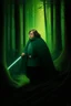 Placeholder: 1970's dark fantasy cover dnd style oil painting of obese fat luke skywalker with green light saber into the woods with minimalist far perspective