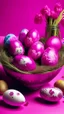 Placeholder: A purplish magenta Easter themed plain with eggs and bunnies painted by Zhang Lu