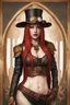 Placeholder: full body and headshot of a skinny Cleopatra, with long straight red hair, dressed as an assassin standing in a steampunk setting.