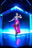 Placeholder: stage inside of a 3d crystal hexagon lovely light reflections ,full body shot of very beautiful lady skirt and bluse , Braided hair ,dancing in stage in the crystal cube pretty makeup,full cube shot