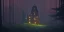 Placeholder: Ruined abandoned overgrown small castle tower in a dense coniferous forest, night, misty, atmospheric, fireflies