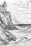 Placeholder: owering cliffs overlooking a vast expanse of ocean, waves crashing against the rocky shore below, Coloring book, no color, more white, fantasy style, please perfect hands