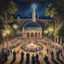 Placeholder: Hyper Realistic Painting of areal view of Palestinian men worshipping outside Al-Aqsa Mosque between a beautiful garden at night with celebration lights