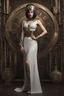 Placeholder: full body and headshot of a skinny Cleopatra, with a silver bob hairstyle, standing in a steampunk setting.