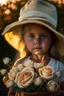 Placeholder: A little girl from Russia at the age of 7 years holds a lot of roses and puts them on her face, and she wears a white Bucket Hat, she puts the roses in front of her face, so her face does not appear, so her face does not appear,(Many Flowers: 1.2), Soft Light, Golden Hour, Upper Body, HDR, 8k, Natural Skin Texture, AO, Intricate, Highly Detailed, Sharp Focus, Crazy Detail, Intricate Detail, Highly Detailed ,The girl looked down