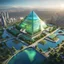 Placeholder: city in 2100, a large green iridescent pyramid building dominating the city :: 8K, 3D, Octane Render, VRay, Unreal Engine 5, Hyperdetailed, intricate, HDR, extremely realistic evolution of future architecture, photorealism, colourful, blue sky over a clean environment, award winning, crisp quality, masterpiece, fantastic view, digital art, airbrush art, ink drawing, sharp focus, high contrast, depth of field