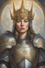 Placeholder: Portrait Art **Featured Art:** The Guided Warrior: A portrait of Joan in her armor, with a divine light illuminating her from above. This could symbolize her claim of acting under divine guidance. The light could be made up of words representing civil, public, and labor rights, showing her fight for justice. **Appearance:** art ideas that encapsulate the essence of Joan of Arc (an French female / women patron saint of France, honored as a defender of the French nation for her role in the siege o