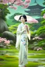 Placeholder: serene and captivating scene of a graceful Japanese woman dressed in an exquisitely designed white kimono adorned with colorful flower patterns. She gently carries a traditional Japanese umbrella as she walks towards a majestic temple. The background showcases a breathtaking panorama of the viewer's landscape, with the temple appearing in the distance. Surrounding the temple, lush green plants and blooming flowers add a touch of vibrant color amidst the pastel yellow and orange hues of the sunri