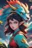 Placeholder: A dragon mixed with a mythical lion and a human female elf.Dramatic and powerful look and feel. Extensive attention to details. Bold lines. Vivid colors. 80s style retro anime art. Double exposure. cartoon style.