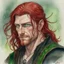 Placeholder: dnd, fantasy, watercolour, large strokes, stylistic, portrait, illustration, dull colours, male, face, narrow long face, weathered face, green eyes, determined, smiling, red hair, very long hair streaming down the shoulders, radiating light, five o'clock shadow