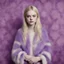 Placeholder: Elle fanning,Hippie girl, purple fur, striped wallpaper, whimsical