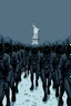 Placeholder: "A conceptual black-and- blue, digital illustration of a massive hooded aliens walking in the same direction, African slaves with chains , symbolizing conformity. Statue of Liberty in the background, The atmosphere feels lifeless and repetitive, emphasizing the ordinary mindset of the majority."