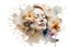 Placeholder: white background, double exposure, old torn paper, watercolor, splashes, blots, woman 50 years old, blonde flower, closed eyes, fine drawing, high resolution, double exposure, 8K