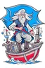 Placeholder: Dungeon's and dragons human pirate male with long white hair, pirate clothes, boots, an earring, on a pirate ship with the sea and flags on the background. Heroic pose, blue themed, black outline, cartoon