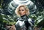 Placeholder: wide-angle Photo of a Sci-fi woman, with blond hair, wearing a silver and black spacesuit looking like an android, on an alien jungle planet