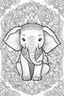 Placeholder: Stress Relief themed coloring page for adult, cartoon style, thick outline, No details, No shading, No colors, no background, black outline only, A cute zen elephant surrounded by calming mandala patterns and lotus flowers